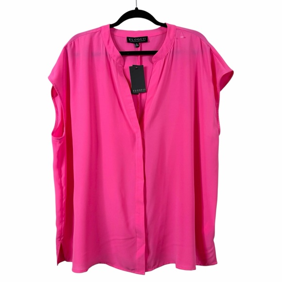 ELOQUII Women Bright Pink Short Sleeve Blouse 20 Plus Barbiecore Semi Sheer‎ - Picture 2 of 11